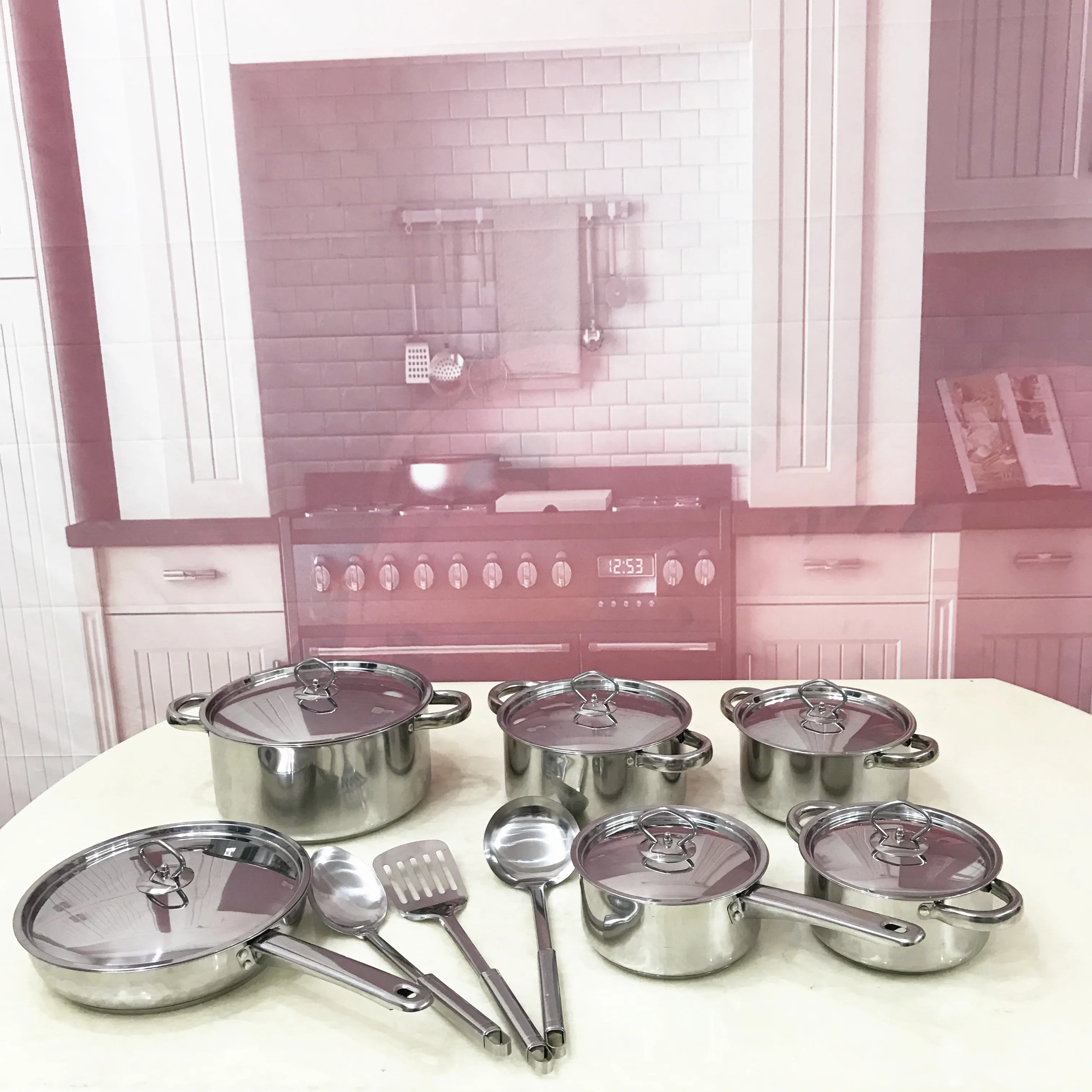 

Hot sale stainless steel cooking pot 15 pieces kitchen pots and pan cookware sets