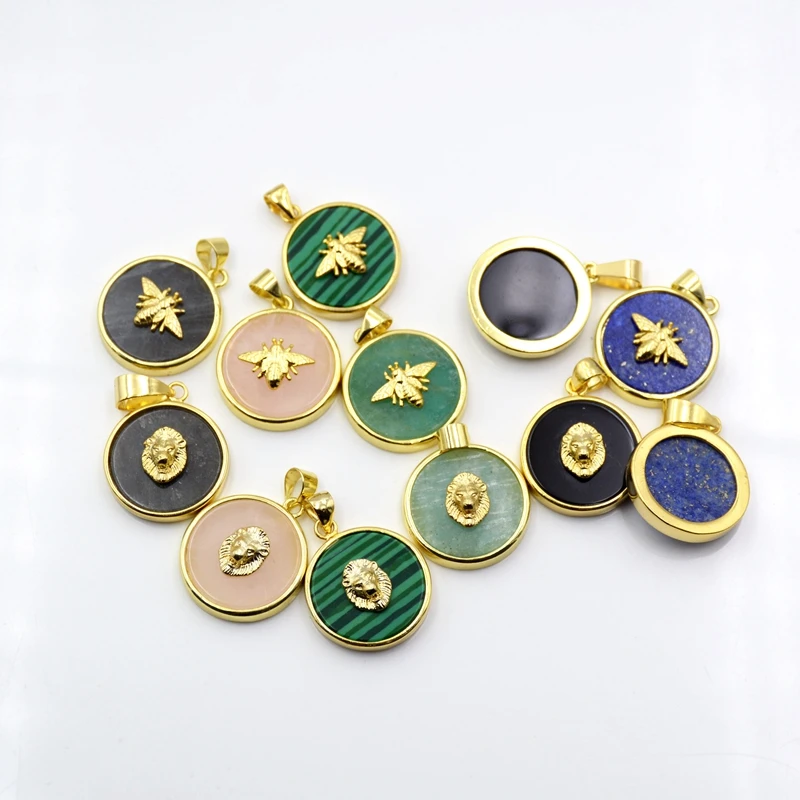 

Wholesale new fashion round coin shape slice stone 18k real gold plated charms malachite flat stone lapis pendant jewelry, Multi