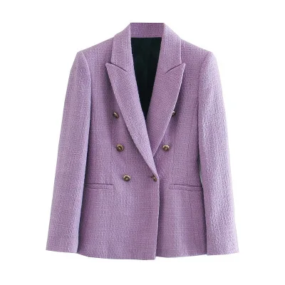 

10% Off Spring Autumn Women Vintage Purple Tweed Blazers Jackets Chic Button Suit Coat Female Outwear Tops Office Blazer