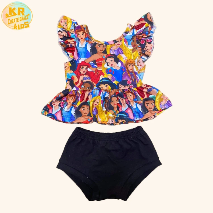 

Wholesale custom baby girl set cartoon print sleeveless outfit Various styles of printing toddler sets, Picture shows
