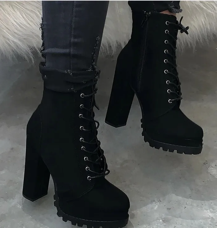 

solid color winter Lace up boots women Platform high heel women ankle boots