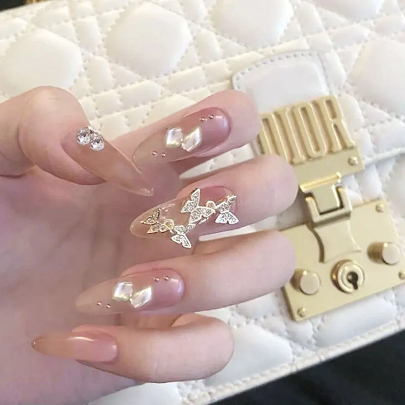 

JP1591 bridal style artifical fingernails gold butterfly nails elegant lady fairy pres on nails for bride long round head nails, Picture