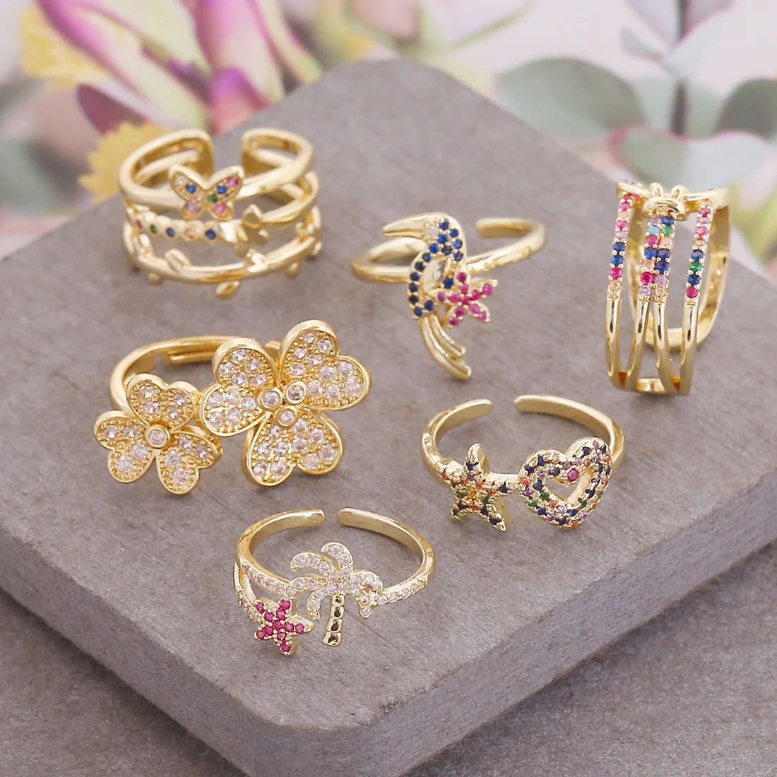 

New Arrival 18K Gold Plated Colorful Opening  Zircon Butterfly Ring Flowers Coconut Star Love Ring for Women