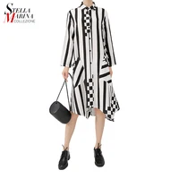 

2019 Wholesale Korean Style Pocket Decorate Black White Vertical Stripe Irregular Hem Lapel Ladies Casual Dress Dresses