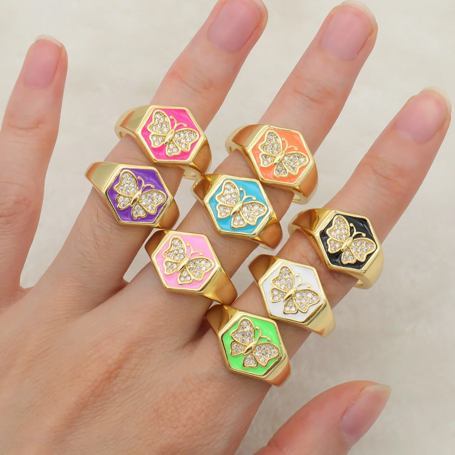 

2022 Colorful Hexagon Butterfly Finger Ring Trendy Jewelry Open Adjustable Gold Plated enamel Butterfly Ring For Teen Girl Women, Multi