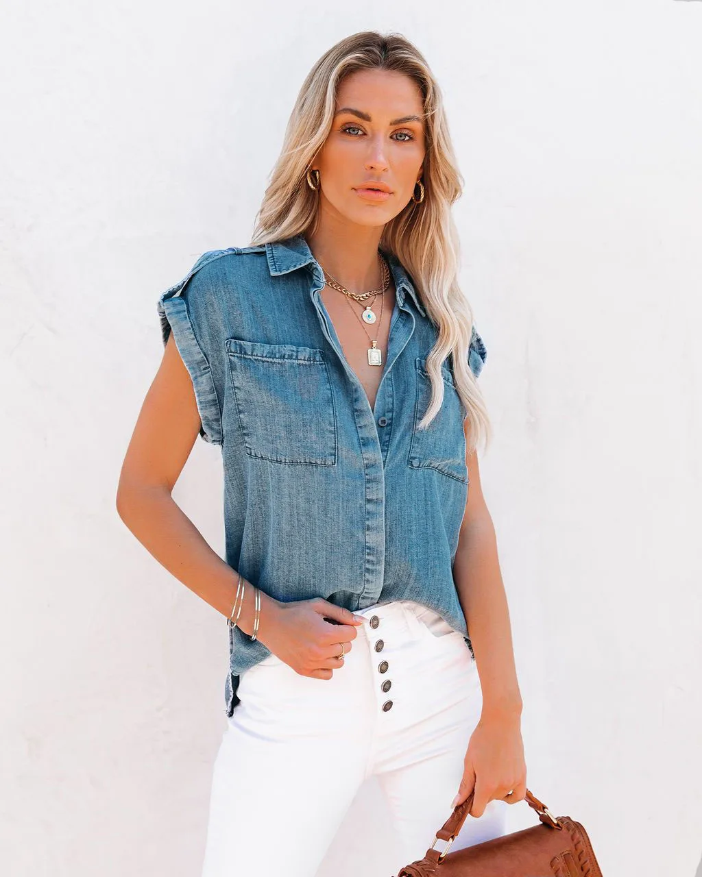 

2021 Cotton Women Denim Sleeveless Shirt Good Quality Summer Casual Ladies Blouse Shirt