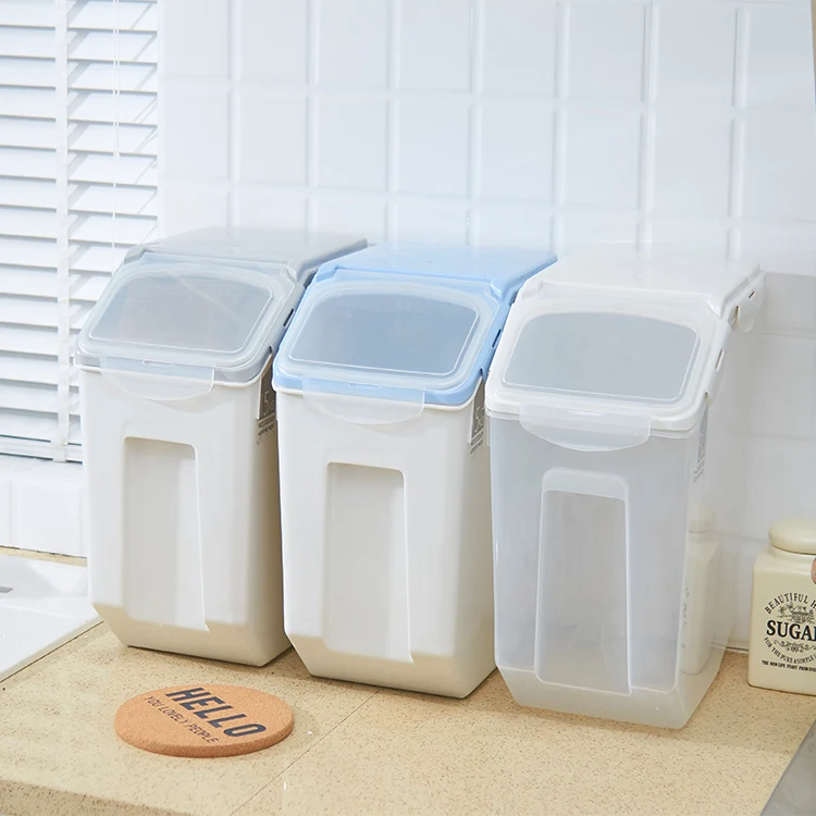 

Eco-friendly sealed plastic cereal rice box airtight kitchen organiser food storage containers, Blue, grey, transparent