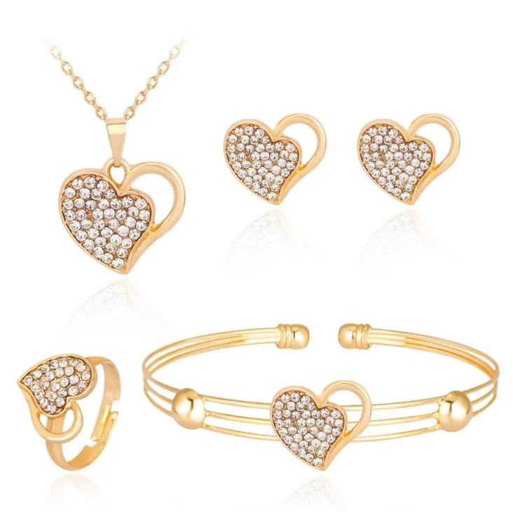 

Gold Jewelry Set Elegant Crystal Jewelry Set Heart Women Necklace Bracelet Earrings Ring Set