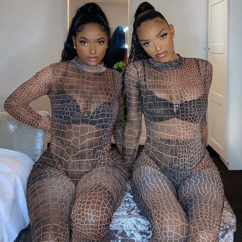 

snake print women mesh two piece bodysuit and leggings set sheer see through long sleeve bodycon sexy autumn winter club