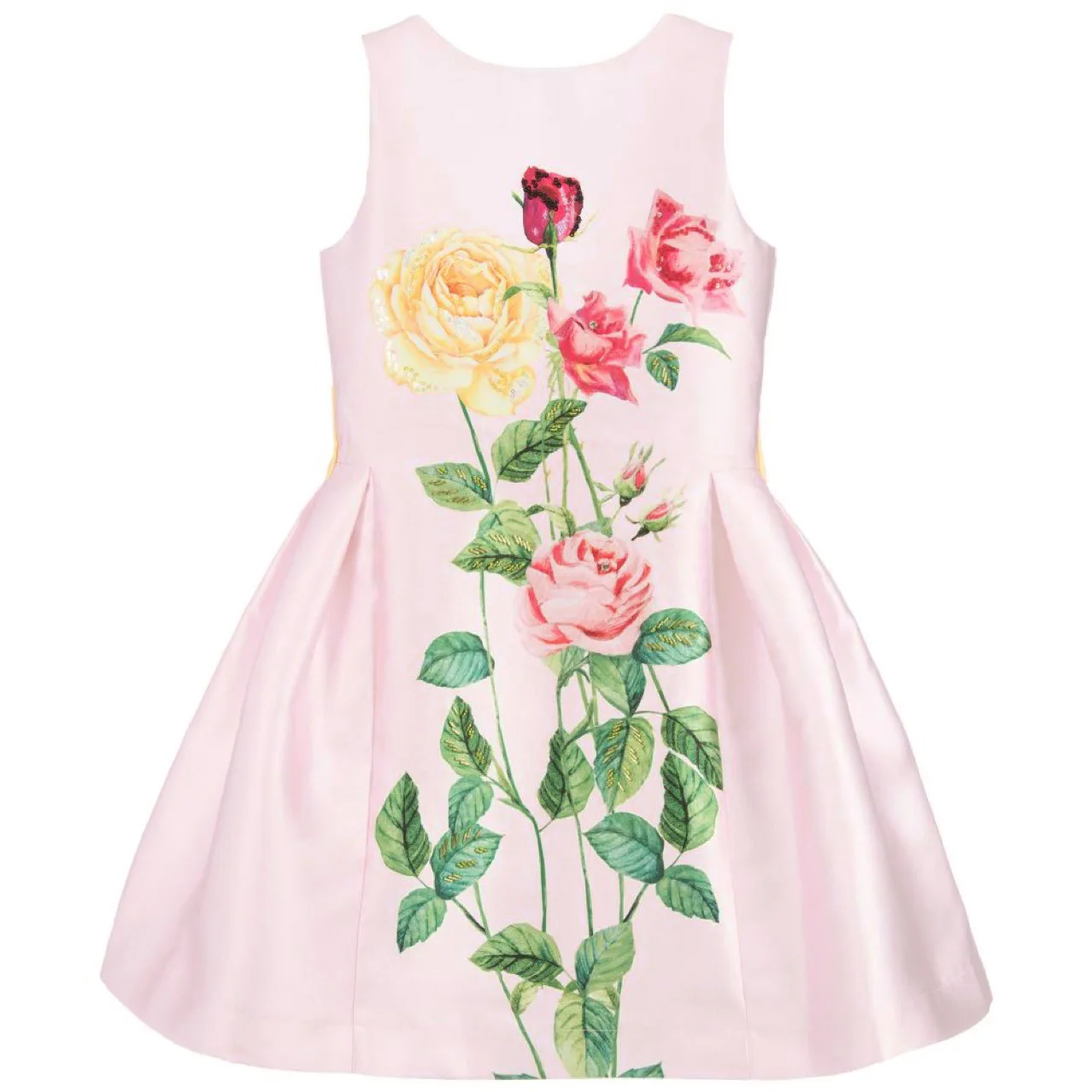 

4-8 Years Old Printed Satin Yellow Bows Pink Flowers Boutique Kids Dress
