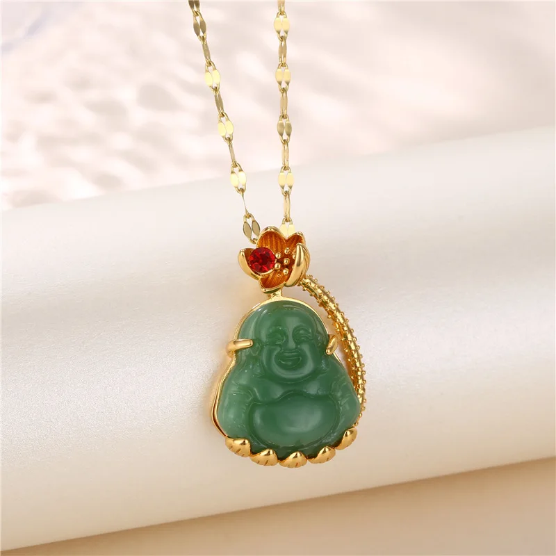 

Titanium Steel Chain Agate Lotus Flower Big Belly Buddha Necklaces Korean Jade Maitreya Buddha Pendant Necklaces