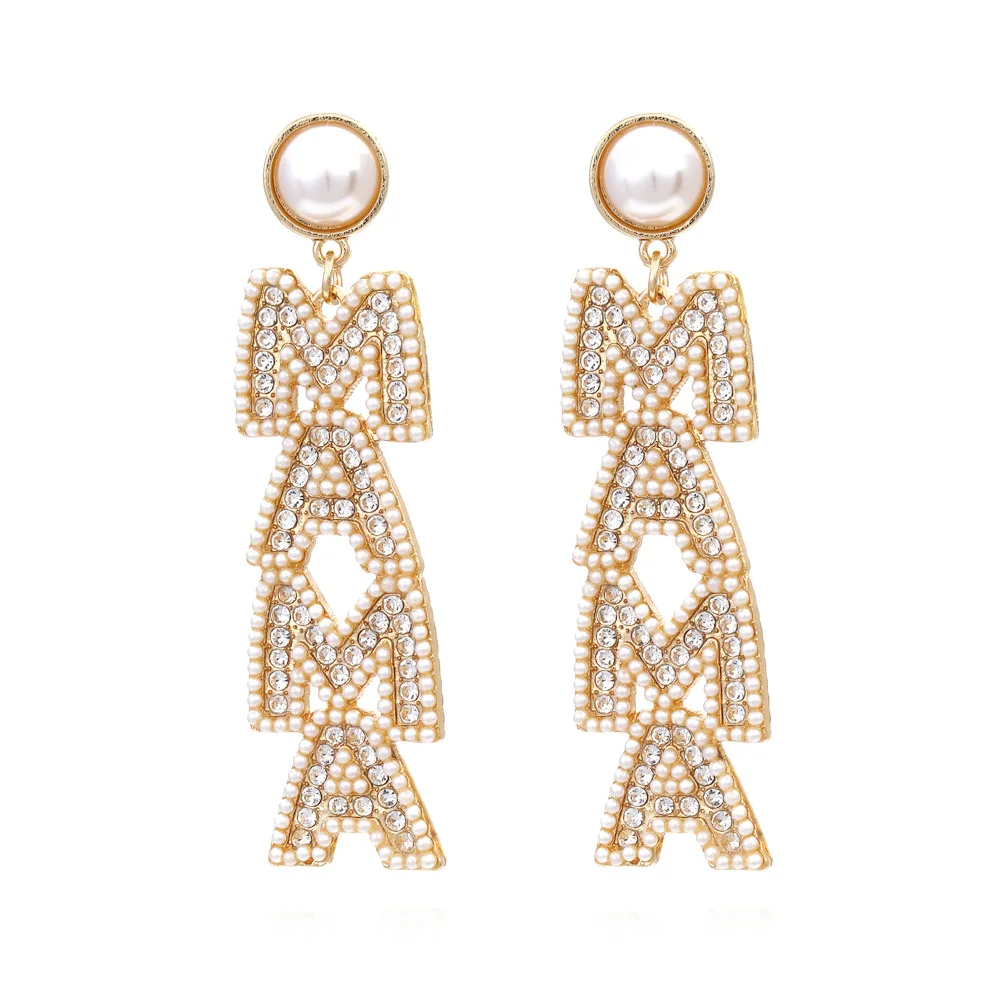 

Popular Hot Sale Long Pearl Bead Diamante Mama Letter Earring For Mom, Gold