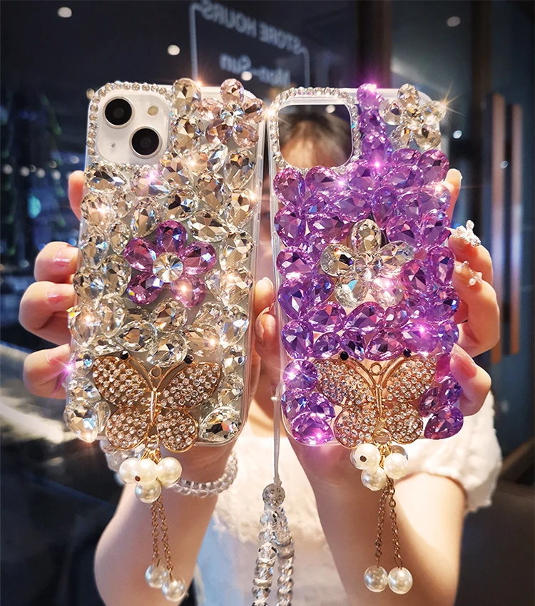 

Fashion Female Bling Glitter Butterfly Flower Rhinestone Diamond Phone Case For iPhone 13 14 Pro Max X Xs Max 11 12 Xr 7 8 Plus