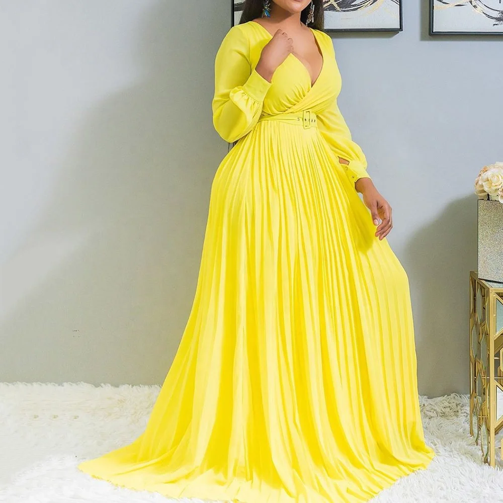 

LW-SC Wholesale Plus Size Women Clothing Pleated Dress 2021 Solid Color Long Sleeve Full Length Maxi Women luxury summer dress