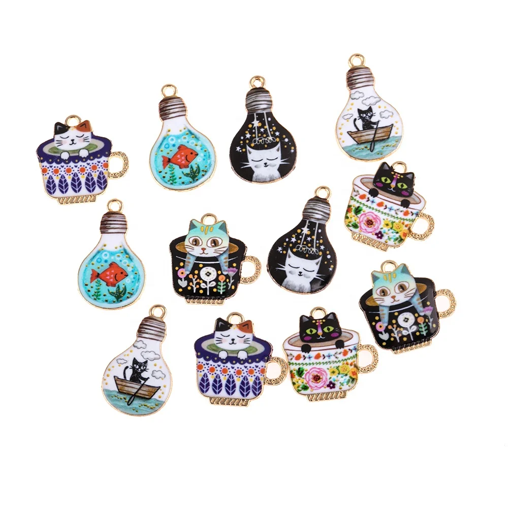 

New Light Bulb Cat Cup Enamel mug cat cartoon Charms bulb Pendant for Jewelry DIY Earrings Necklace Jewelry Accessories charms, Picture show