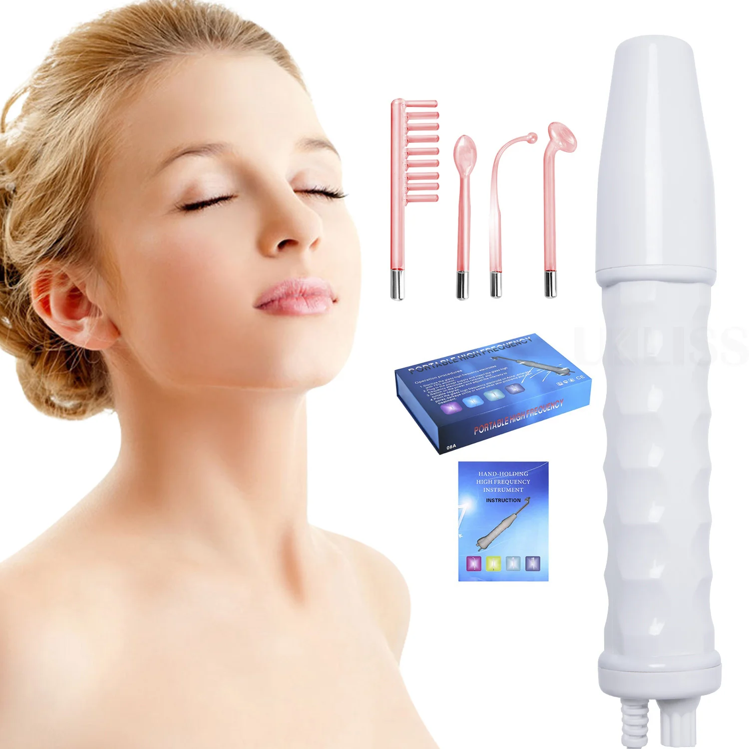 

IFINE Beauty Home Use 4 In 1 Portable High Frequency Device LED Glass Tube Acne Spot Remover Skin Therapy Wand Machine, White, purple/orange lights
