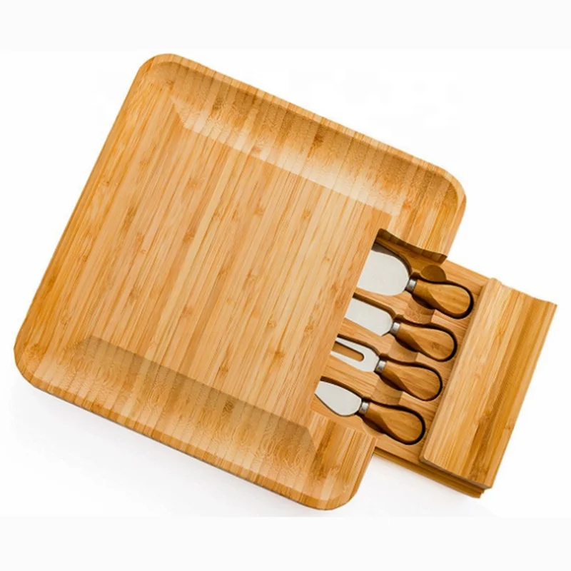 

Premium Wooden Bamboo Cheese Cutting Board With Cutlery Set, Natural