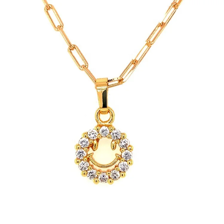 

Dainty 18K CZ Smiley Tiny Charm Necklace Summer Crystal Necklace Jewelry Gold Plated Women Happy Face Smiley Necklace, Gold color