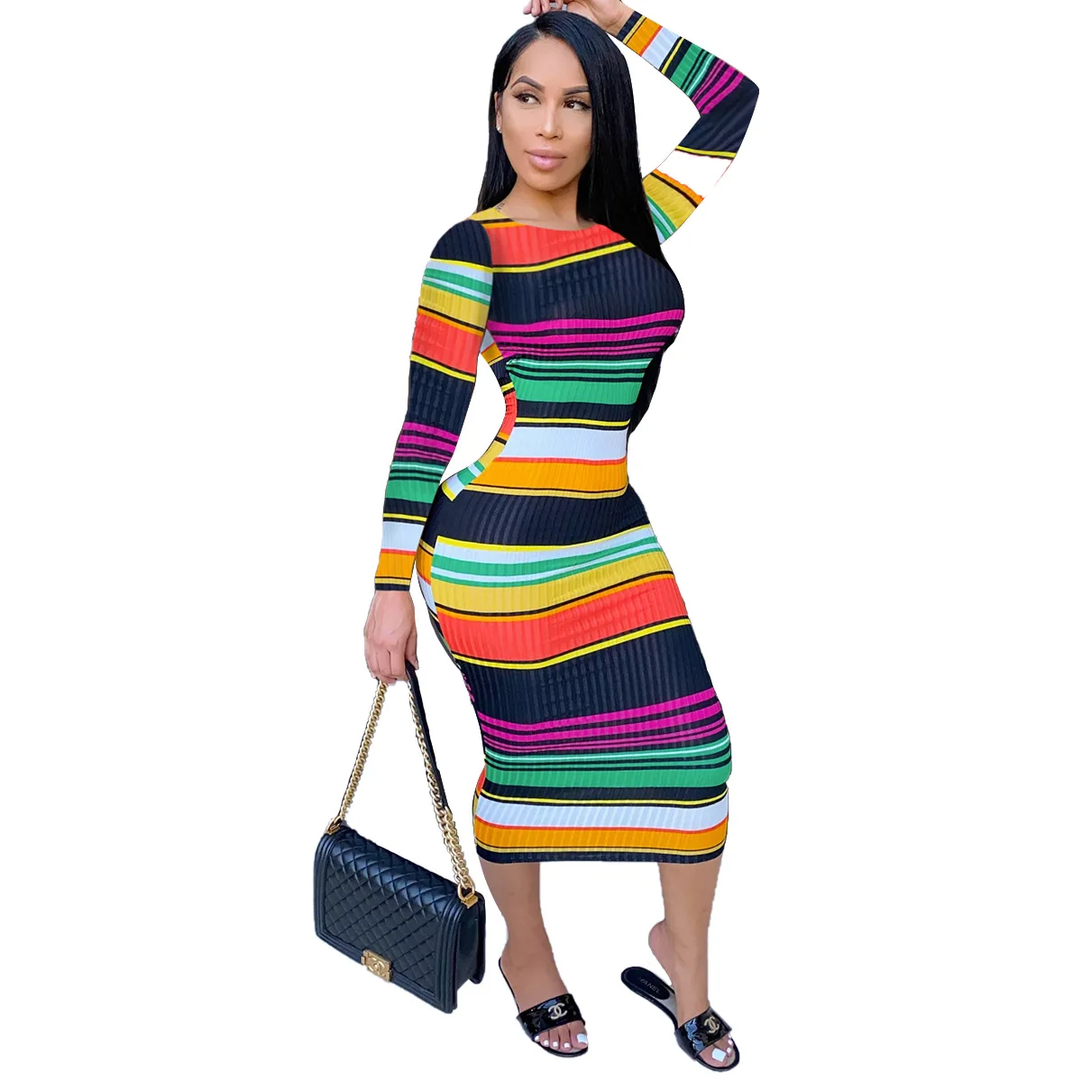 

FREE SAMPLE JHTH 2021 new women's dress color striped sexy slim dress explosive round neck midi skirt