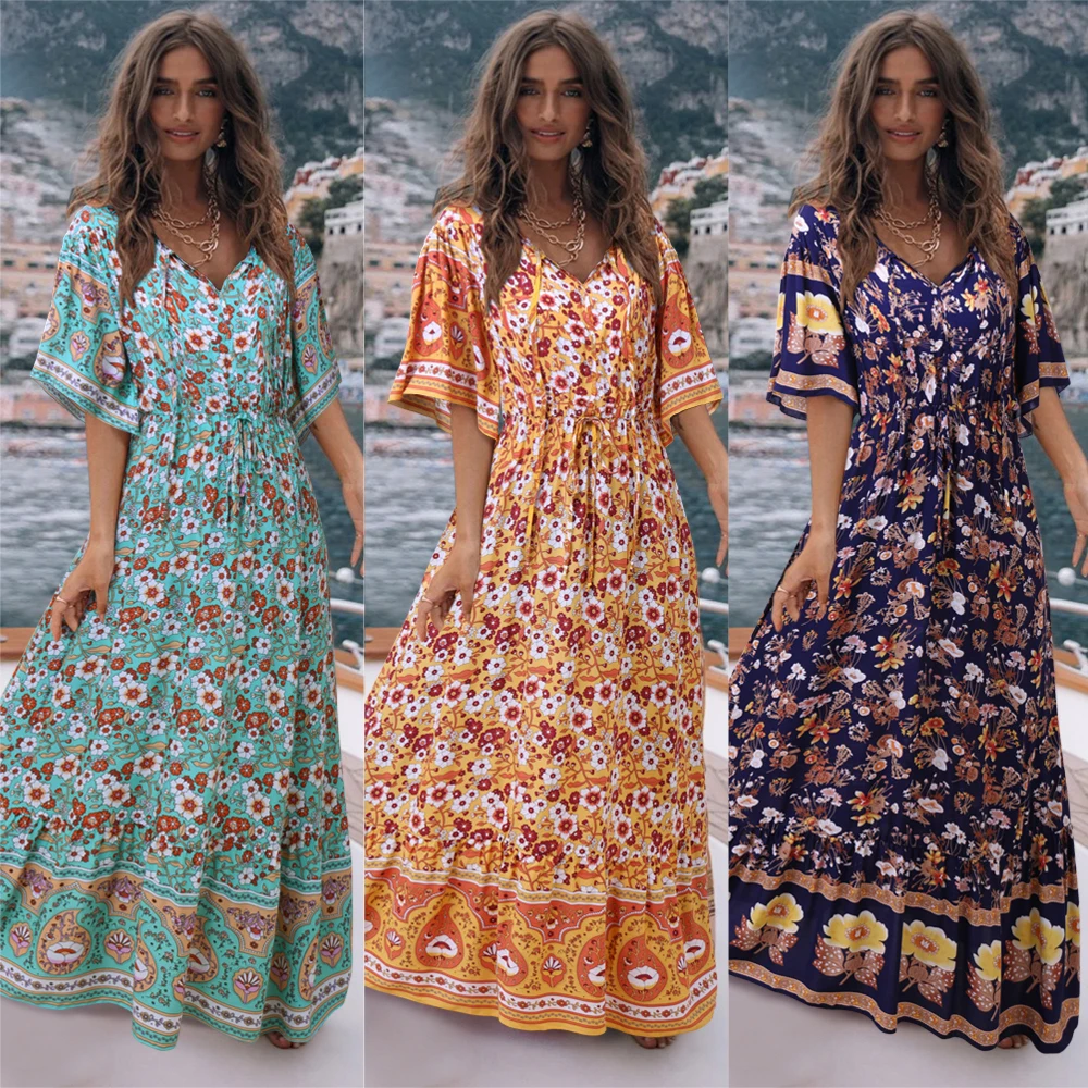 

2020 New Summer Boho Deep V-Neck Asymmetrical Hem Casual Yellow Dress