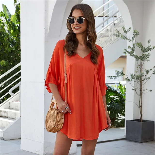 

2021 Spring New Women's Casual Large Size Loose V-neck Dress Beach Skirt Summer, Picture color
