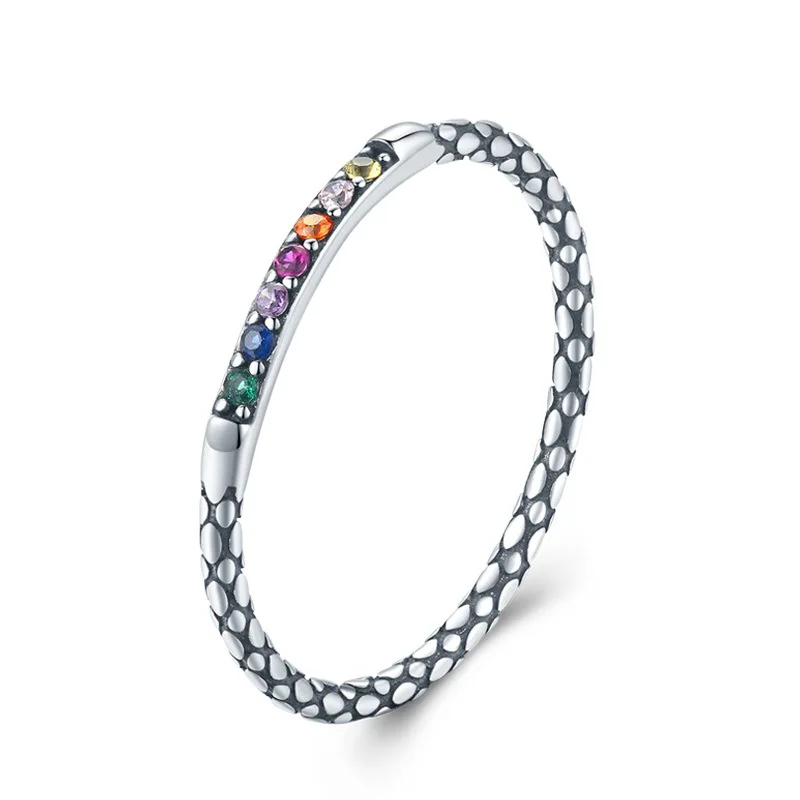 

Retro Sterling Silver Stackable Ring Python Pattern With Rainbow Zircon Rings Tail Rings For Woman