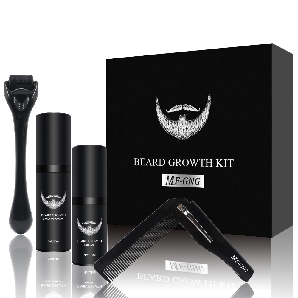 

USA Warehouse Dropshipping 4Pcs Barber Hair Growth Enhancer Thicker Set Roller Facial Beard Care Kit For Men