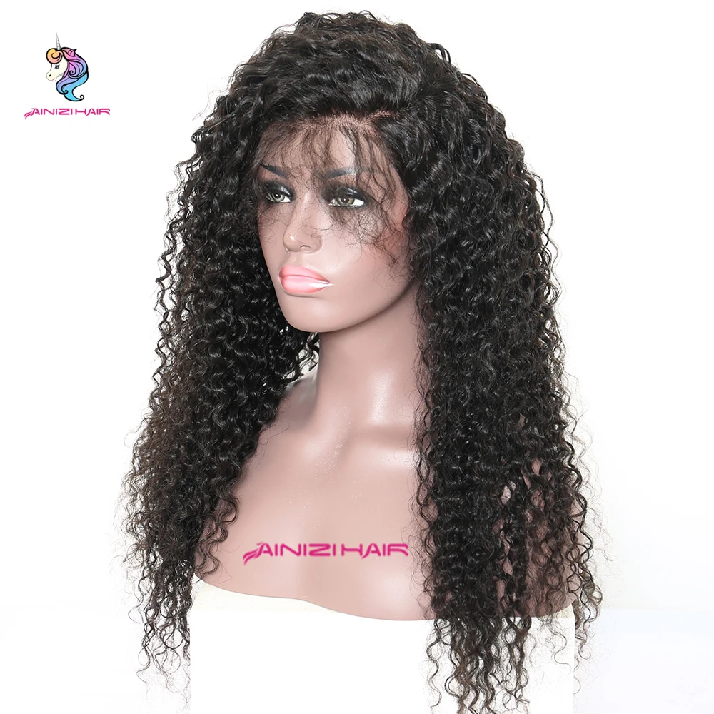 

AINIZI wholesale 24 inches natural black color kinky curly hair synthetic lace front wigs for black women