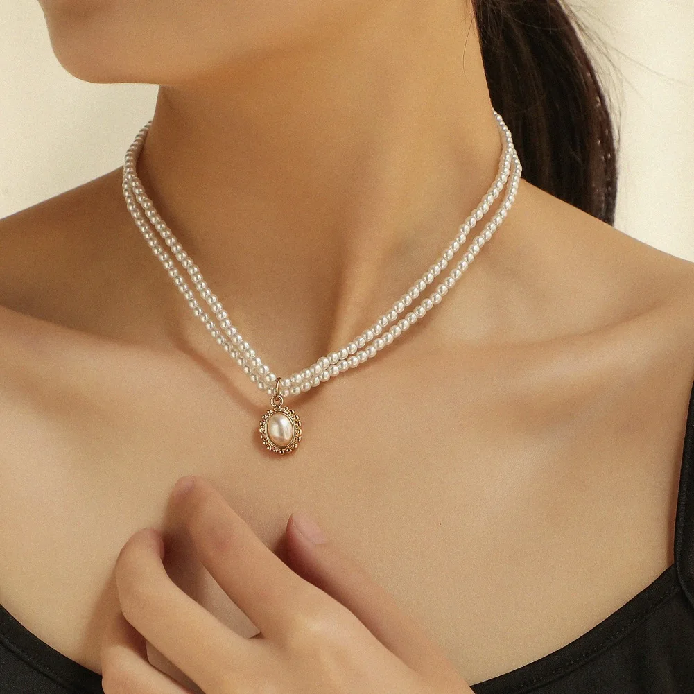 

X2174 Oval Shape Pearl Chains Retro Style Elegant Fashion Women Girls High Quality Pendant Jewelry Necklace 2021
