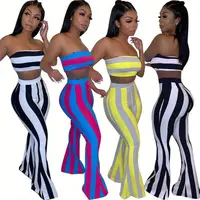 

A080435 casual fashion striped strapless crop tube top high waist flared pants women two piece clothing set