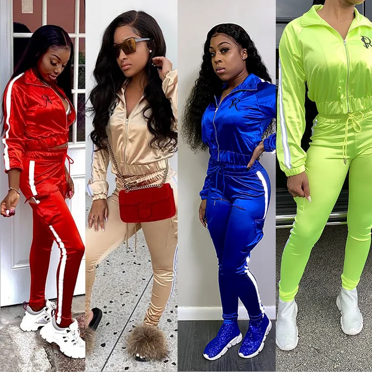 

2021 New arrivals Women sport wear long sleeve outfits reflective tracksuit two piece pants set