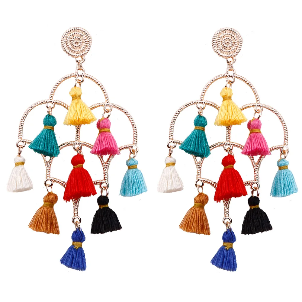 

Summer Boho Vintage Geometric Gold Metal Tree Shape Dangle Earrings Color Thread Tassel Earrings