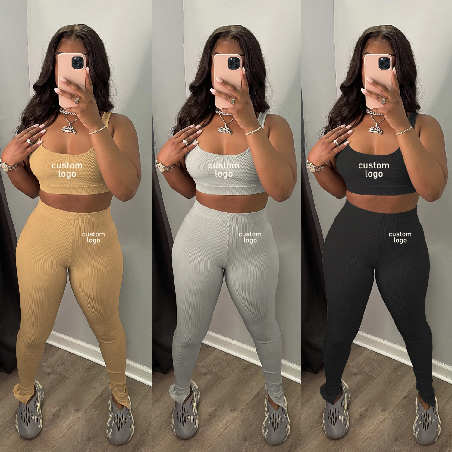 

Custom logo Ribbed Crop Tank Top Hollow Out 2 Piece Set Fitness Two Piece Legging Pants Sets Women Clothing Tracksuits For Women, Picture