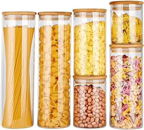 

Hot Selling amazon Glass Food Jar Wooden Lid Borosilicate Storage Jars Bamboo Lid, Transparent
