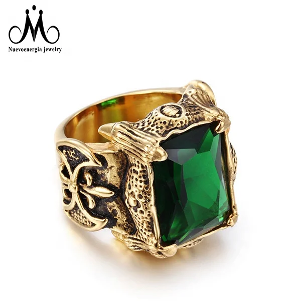 

Luxury Dubai Gold Plated Emerald Setting Green Diamond Ring 316L Stainless Steel Men Women Jewelry, As picture