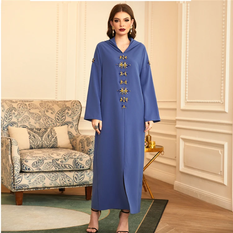 

HJ EMDR13 Beaded Embroidery Diamond Muslim Long Sleeve Dress Handmade Abaya Hoodie, Grey blue