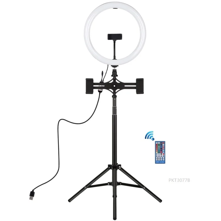 

PULUZ 11.8 Inch RGBW Control Double Arm Photography Fill Ring Light With Tripod with Three Phone Clamps