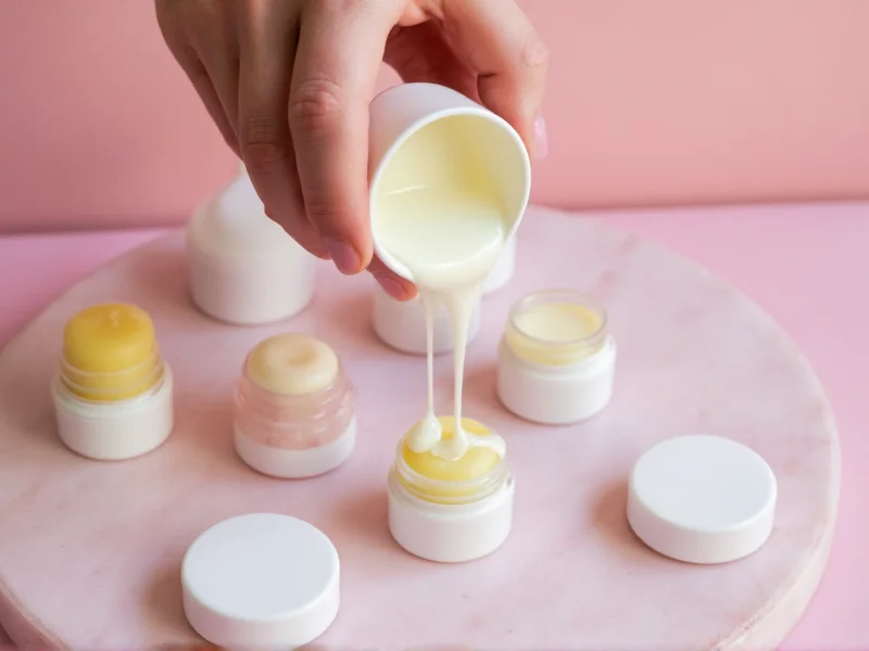 Pouring melted lip balm into containers