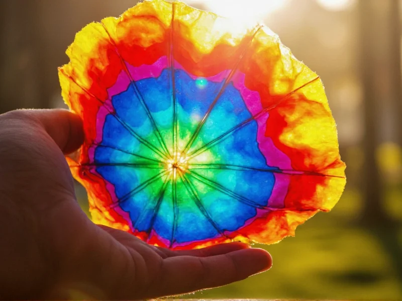 Hand holding vibrant plastic suncatcher showing light refraction through colored layers