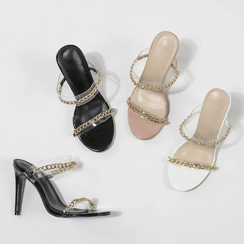 

2021 New Casual summer slippers for women High Heel Slippers Transparent High Heels Shoe Chain Design Square Toe Fashion shoes