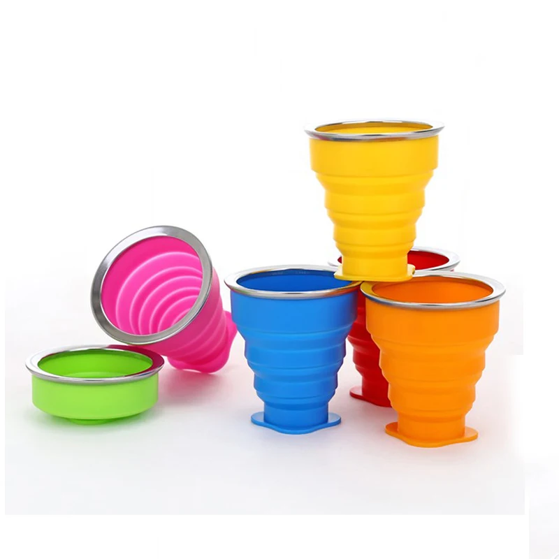 

Custom wholesale Portable Collapsible Cup Silicone Folding Cup with Lids, Red/orange/yellow/blue/green/pink