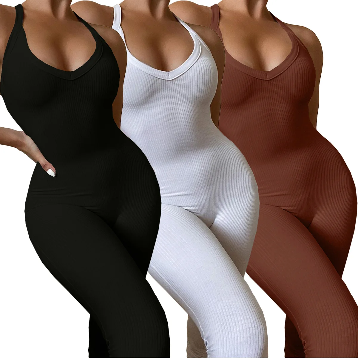 

Halter Solid Sleeveless Women One Piece Jumpsuit Ribbed Casual Sexy Skinny Romper Women Sportswear