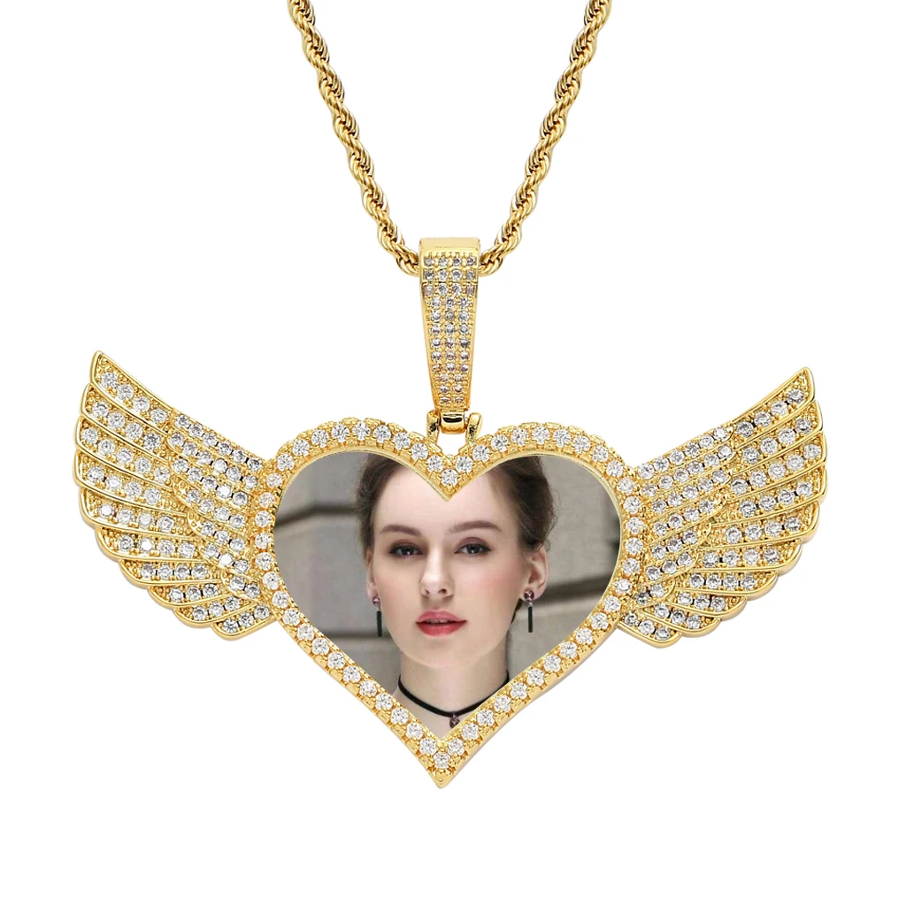 

Mother Day Anniversary Gift Hip Hop Custom Photo-Frame Necklace DIY Angel Wing Heart Shape