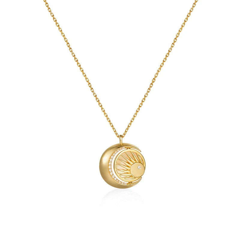 

High Quality Rotating Sun Moon Pendant Necklace 14k Gold Plated Pure Sterling Silver Necklace MYLOVE