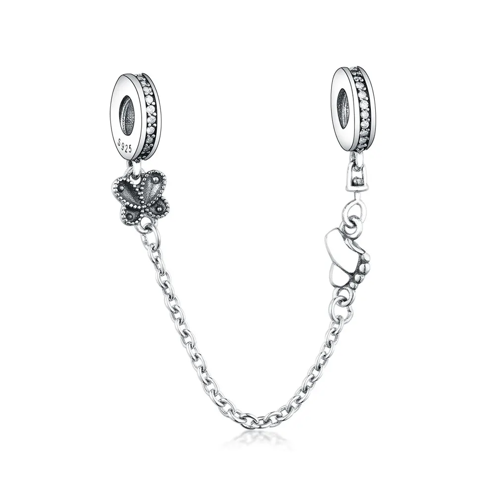 

New 925 Sterling Silver Asymmetry Butterfly Flower Safety Chain Beads Charms Fit Original Pandora Bracelet Jewelry