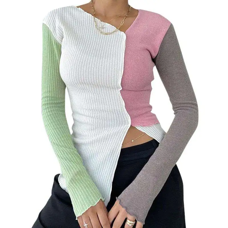 

fall 2021 women clothes ladies top Color Blocking Asymmetric long sleeve crop top woman tops fashionable