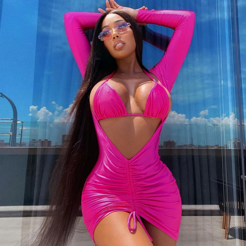 

Blingirl Long Sleeve Halter Bra Hollow Out Drawstring Ruched Sexy Mini Dress Women 2021 Autumn Winter Streetwear Club Outfits