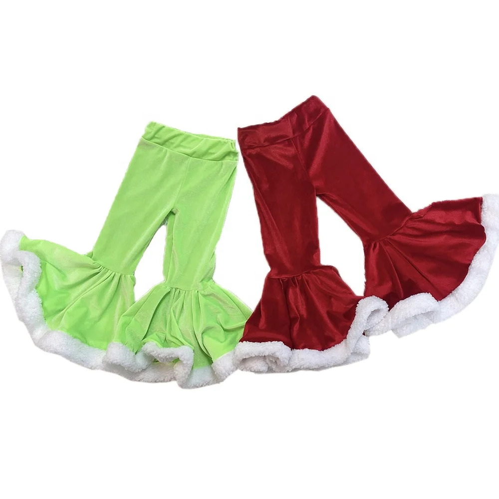 

New Arrival Flare Jeans Kids Velvet Ruffle Christmas Bell Bottoms, Red,green