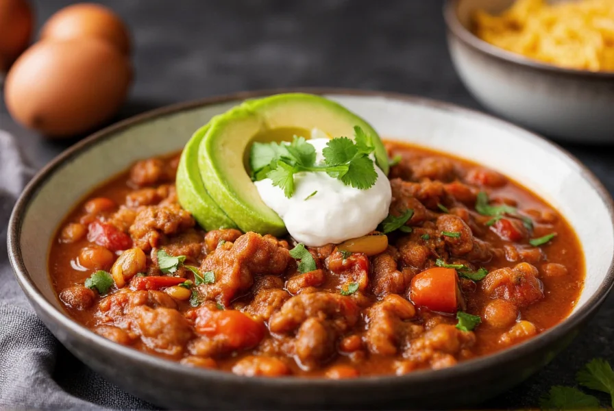 Meatless chili served in bowl with avocado, sour cream, and cilantro garnish