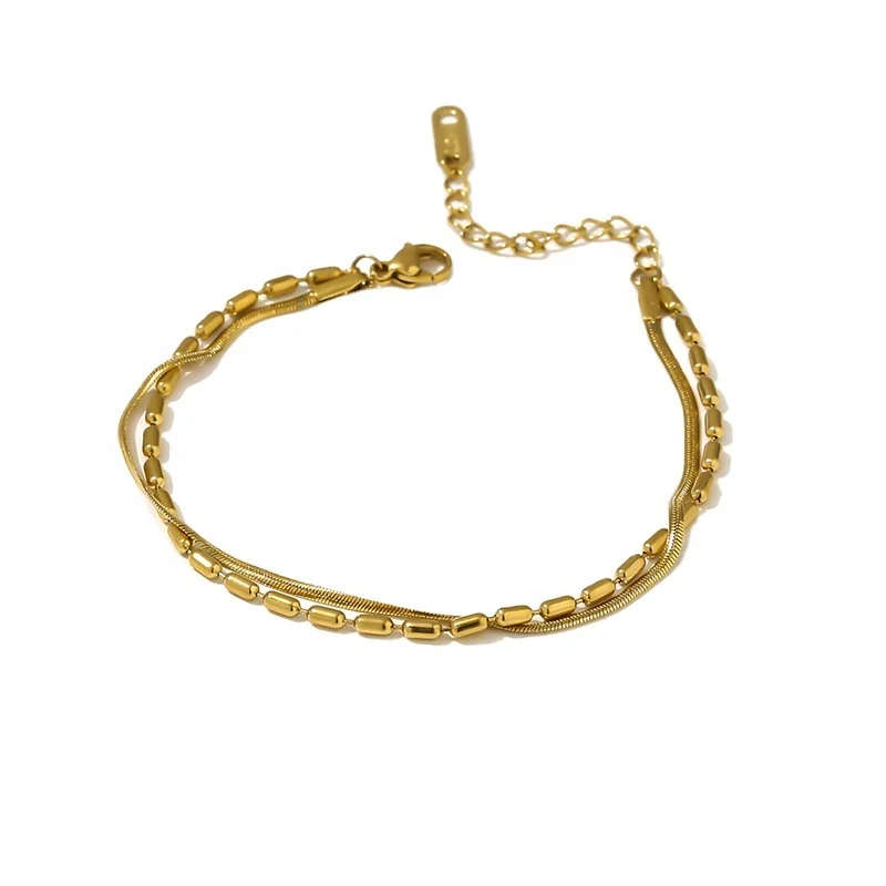 

JINYOU 506 Waterproof Thin Double Chain 18k Gold Plated Bracelet Bangle Stainless Steel Simple Korean Jewelry Women